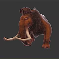 Furry Brown Mammoth With Long White Tusks Standing On Dark Surface