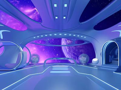 Futuristic Space Capsule Interior With Starry Purple Blue Background Curved Structures And Illuminated Lines 3d model
