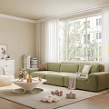Bright Living Room with Green Sofa Beige Armchair Round Coffee Table and Floor Lamp