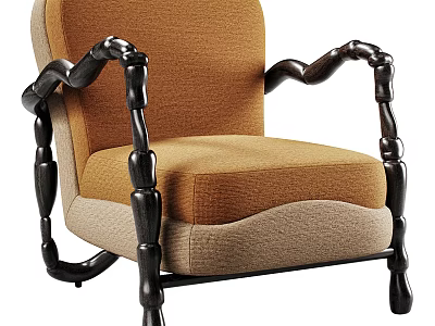 Unique Accent Chair With Curved Wooden Arms And Brown Beige Upholstery Design 3d model