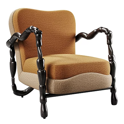 Unique Accent Chair With Curved Wooden Arms And Brown Beige Upholstery Design 3d model