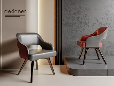 Stylish Modern Gray And Red Leather Dining Chairs With Wooden Legs And Armrests 3d model