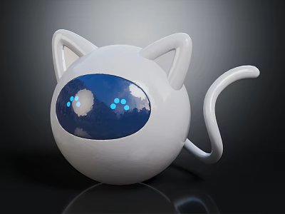 White Cat Shaped Robot Character With Blue Face Glowing Dots And Tail 3d model