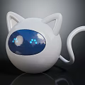 White Cat Shaped Robot Character With Blue Face Glowing Dots And Tail