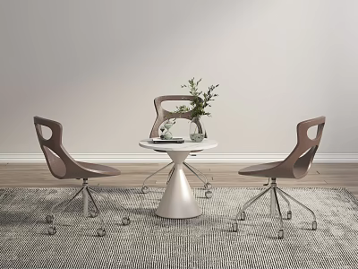 Modern Round White Table and Brown Hollow Chairs Set with Metal Wheels and Green Plant 3d model