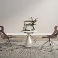 Modern Round White Table and Brown Hollow Chairs Set with Metal Wheels and Green Plant
