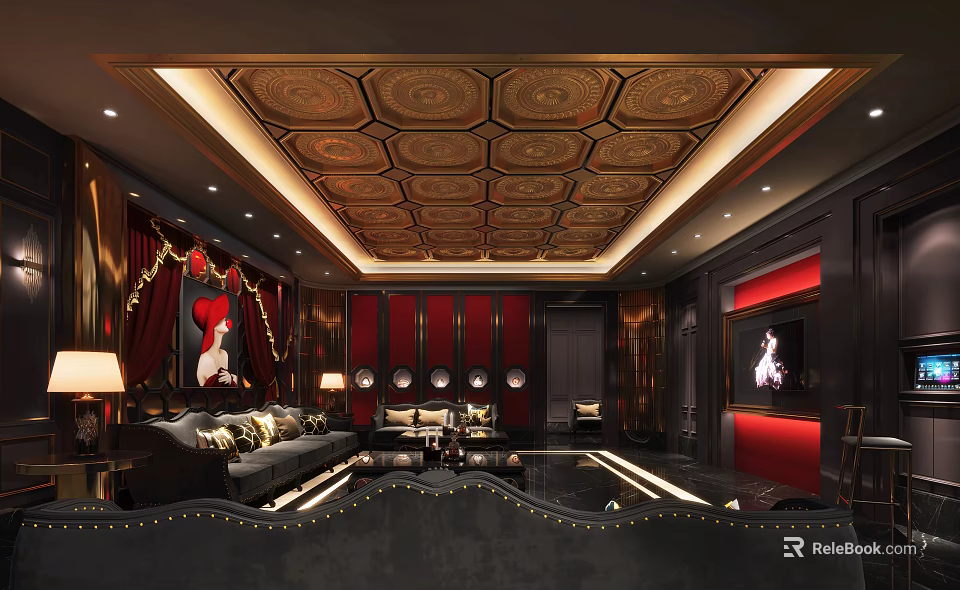 Luxury KTV Lounge Interior With Decorative Ceiling Red Walls And Comfortable Seating 3d model 