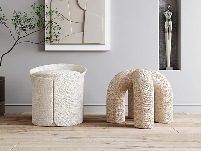 Modern White Textured Stools In Interior With Wooden Floor And Decorative Art 3d model