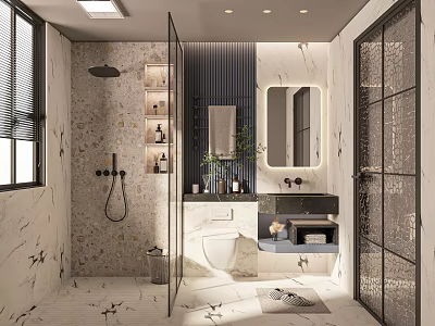 Modern Bathroom Interior Design With Marble Tiles Shower Area Vanity Mirror And Storage Cabinets 3d model