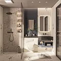 Modern Bathroom Interior Design With Marble Tiles Shower Area Vanity Mirror And Storage Cabinets