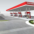 Modern Gas Station With Red Canopy Fuel Pumps Vehicles And Service Building