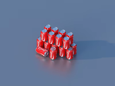 Red Canned Beverages Stacked in Pyramid Shape with One Can Tipped on Gray Surface 3d model