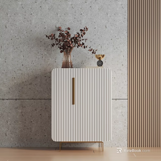 Modern Entryway Side Cabinet With Striped Panel Gold Handle And Decorative Dried Flowers 3d model 