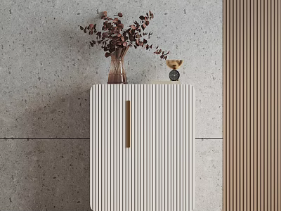 Modern Entryway Side Cabinet With Striped Panel Gold Handle And Decorative Dried Flowers 3d model