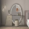 Elegant Modern Bedroom Dressing Table With Round Mirror Glass Top And Beige Drawers