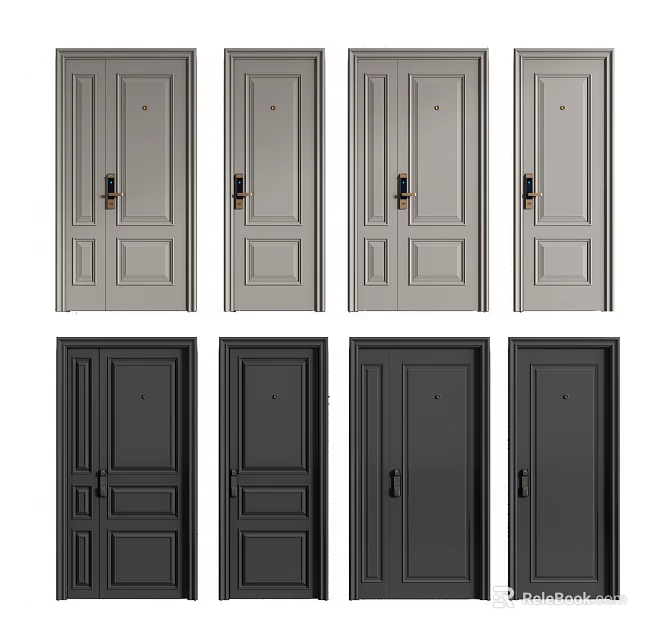 Various Security Doors in Light and Dark Gray with Different Panel Designs Handles and Locks 3d model