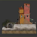 Colorful Red and Orange Buildings Model with Archway Stone Pathway and Trees