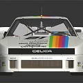 White Racing Car With Colorful Stripes Sponsor Logos And Streamlined Design