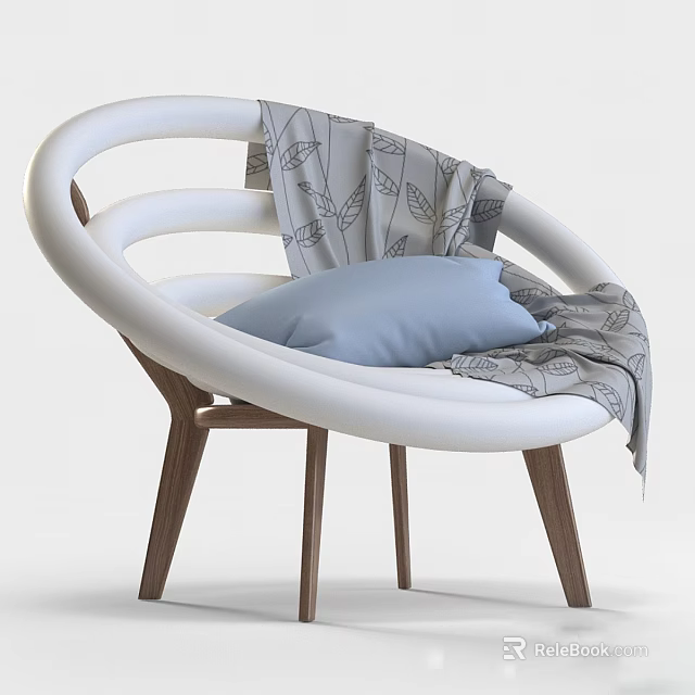 Modern Lazy Sofa with White Circular Frame Wooden Legs Gray Blanket and Blue Cushion 3d model 