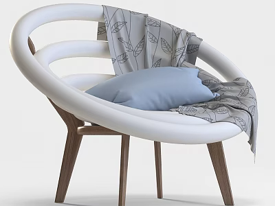 Modern Lazy Sofa with White Circular Frame Wooden Legs Gray Blanket and Blue Cushion 3d model