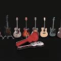 Collection of Musical Instruments and Art Supplies with Diverse Guitars and Red Art Tools