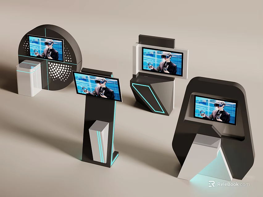 Smart Machines with Different Modern Designs Featuring Screens Displaying Human Images and Blue Lights 3d model 