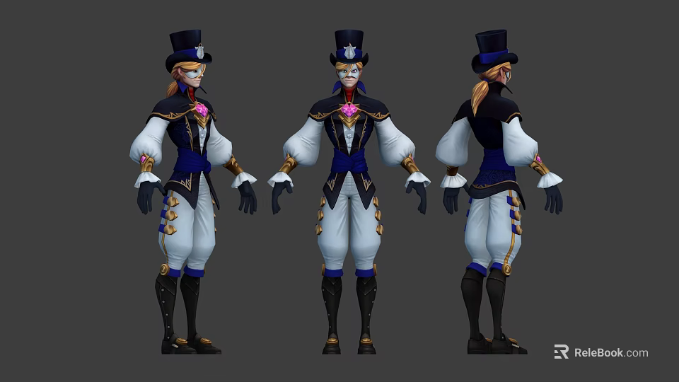 Man Wearing Top Hat Blue White Outfit with Gold Accents Gloves Long Coat and Boots 3d model 