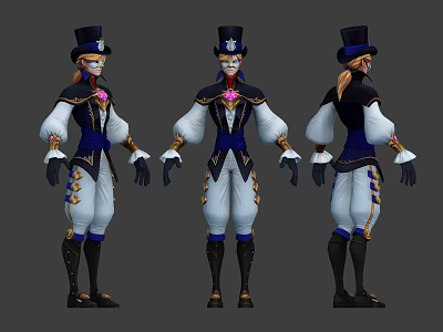 Man Wearing Top Hat Blue White Outfit with Gold Accents Gloves Long Coat and Boots 3d model