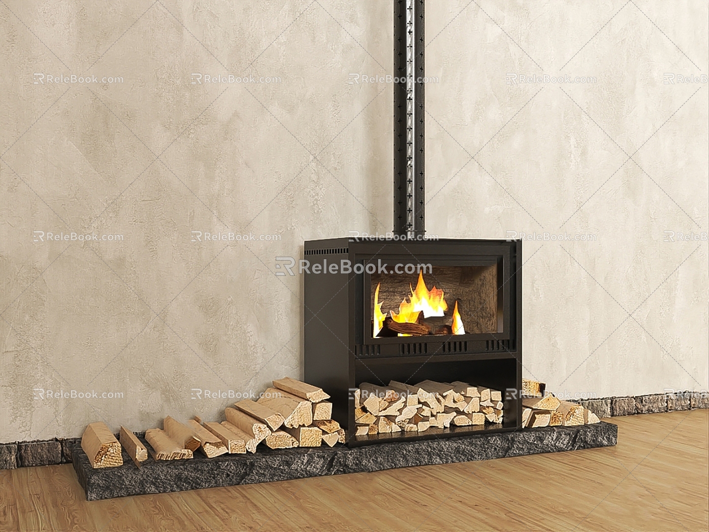 Modern Widescreen Real Fire Wood Fireplace 3d model