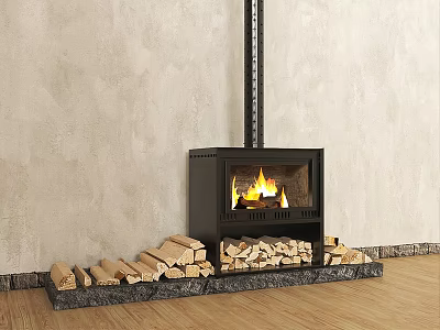 Black Fireplace with Burning Flames and Stacked Firewood Against Gray Wall on Wooden Floor 3d model