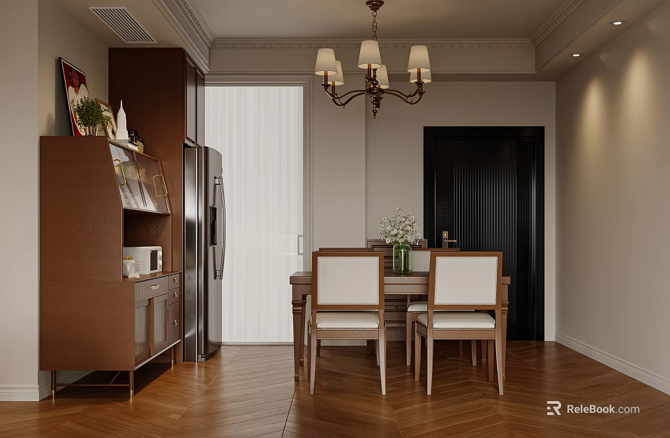 Elegant Restaurant Interior Design With Wooden Dining Table Chairs Chandelier Cabinet And Hardwood Floor 3d model 