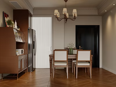 Elegant Restaurant Interior Design With Wooden Dining Table Chairs Chandelier Cabinet And Hardwood Floor 3d model