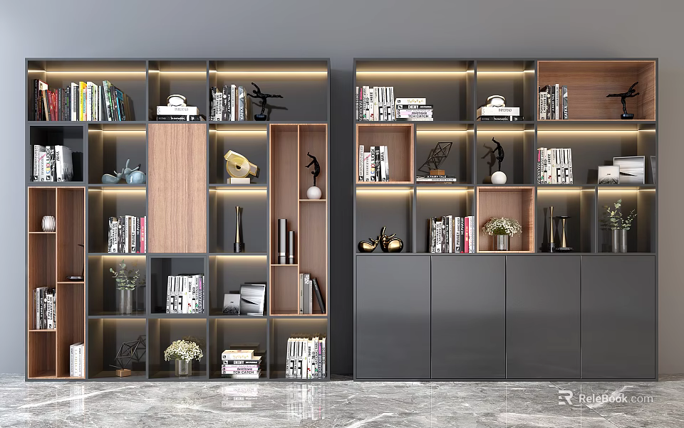 Modern Luxury Bookcase With Multi Layer Shelves Glass Doors LED Lighting Books And Decorative Plants 3d model 