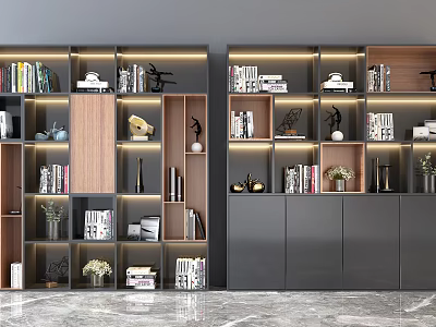 Modern Luxury Bookcase With Multi Layer Shelves Glass Doors LED Lighting Books And Decorative Plants 3d model
