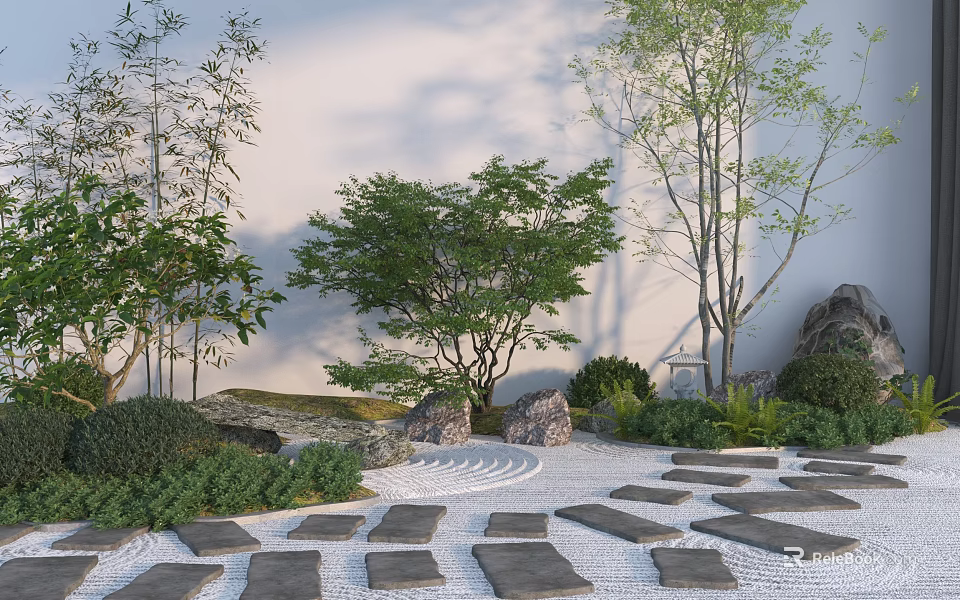 Serene Garden Landscape With Stone Pathway Raked Gravel Trees And Lush Plants 3d model 