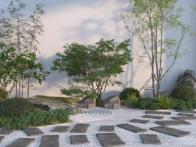 Serene Garden Landscape With Stone Pathway Raked Gravel Trees And Lush Plants 3d model