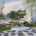 Serene Garden Landscape With Stone Pathway Raked Gravel Trees And Lush Plants