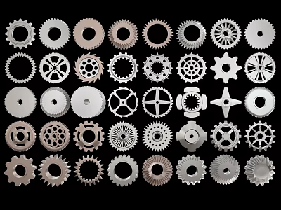 Various Mechanical Gears With Different Designs Arranged On Black Background 3d model
