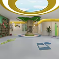 Kindergarten Interior With Colorful Circular Floor Cloud Ceiling And Reception Area 3d model