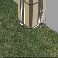 Lighted Outdoor Lantern Style Chandelier With Glass Panes Hanging Over Green Grass Against Light Wall