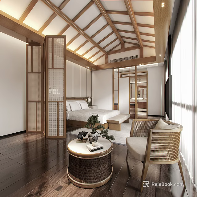 Modern Hotel Room With Wooden Ceiling Screen Partition Bed Sofa Coffee Table And Natural Light 3d model 