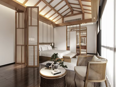 Modern Hotel Room With Wooden Ceiling Screen Partition Bed Sofa Coffee Table And Natural Light 3d model