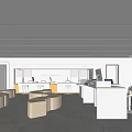 Modern White Service Hall Interior with Curved Sofas Counters Computer Equipment and Ceiling Light Strips 3d model