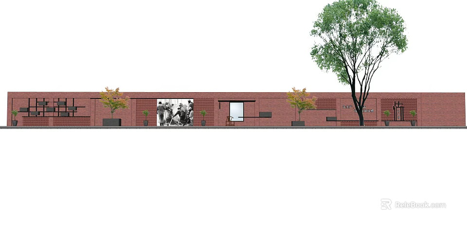 Red Brick Feature Wall Design With Monochrome Figures Green Plants And Small Window 3d model