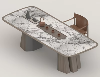 Elegant Modern Tea Table with Marble Top and Wooden Chair Featuring Tea Set 3d model