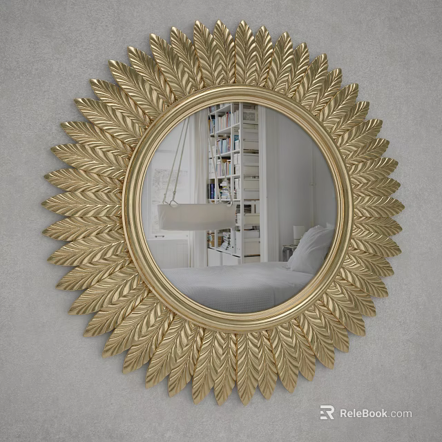 Gold Sunburst Mirror With Ornate Leaf Design Frame Reflecting Bedroom With Bookshelf And Lamp 3d model 