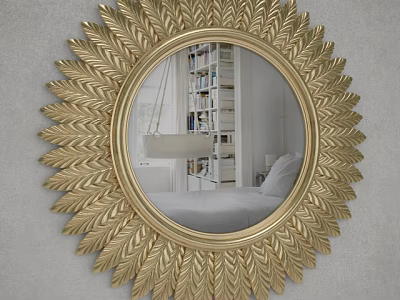 Gold Sunburst Mirror With Ornate Leaf Design Frame Reflecting Bedroom With Bookshelf And Lamp 3d model