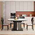 Modern Dining Room with Marble Tabletop Six Black Chairs Flower Vase and Bowl of Fruits