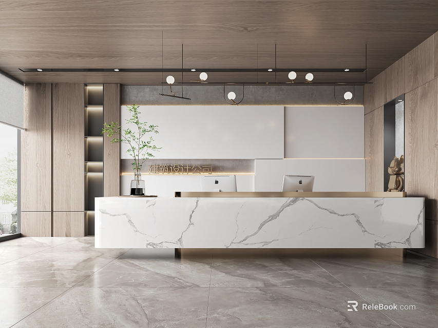 Modern Reception Desk Interior With Marble Countertop Wooden Walls Hanging Lights And Green Plant 3d model 