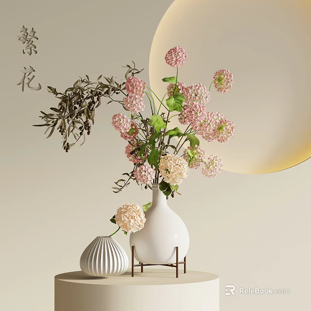 White Vase with Pink and White Hydrangea Flowers Green Leaves and Small Decorative Vase 3d model 